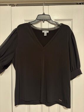 Calvin Klein Black V-Neck Puff Sleeve Blouse